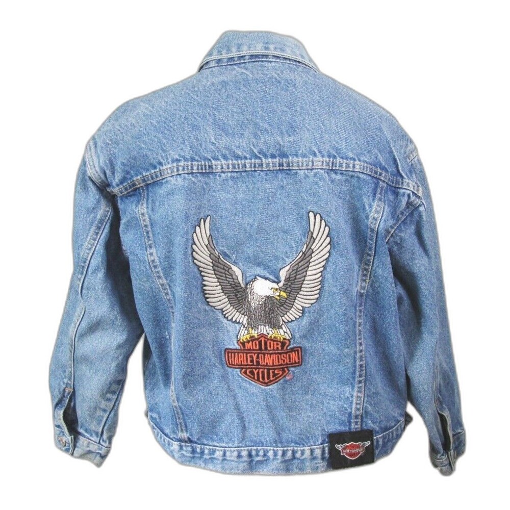 VTG 80s Harley-Davidson Motorcycles Women M 12-14 Eagle Embroidered Denim Jacket
